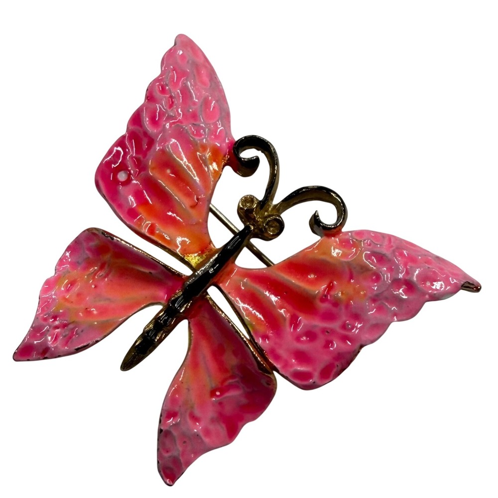 Vintage Butterfly Brooch Pink Orange Enamel Gold Tone Textured Wing
